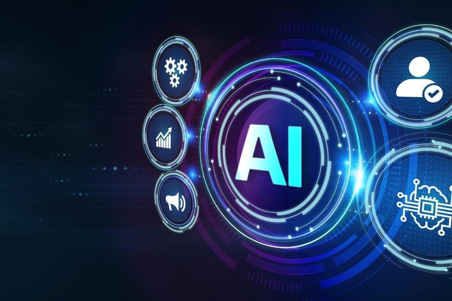 A digital interface with glowing circular icons representing different tech features centered around an AI icon.